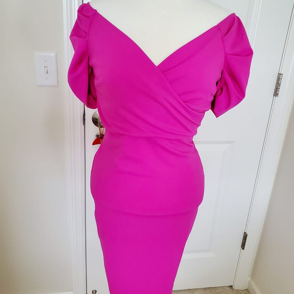 Gibiu Hot Pink Off The Shoulder Sweetheart Midi Dress Bodycon Cocktail